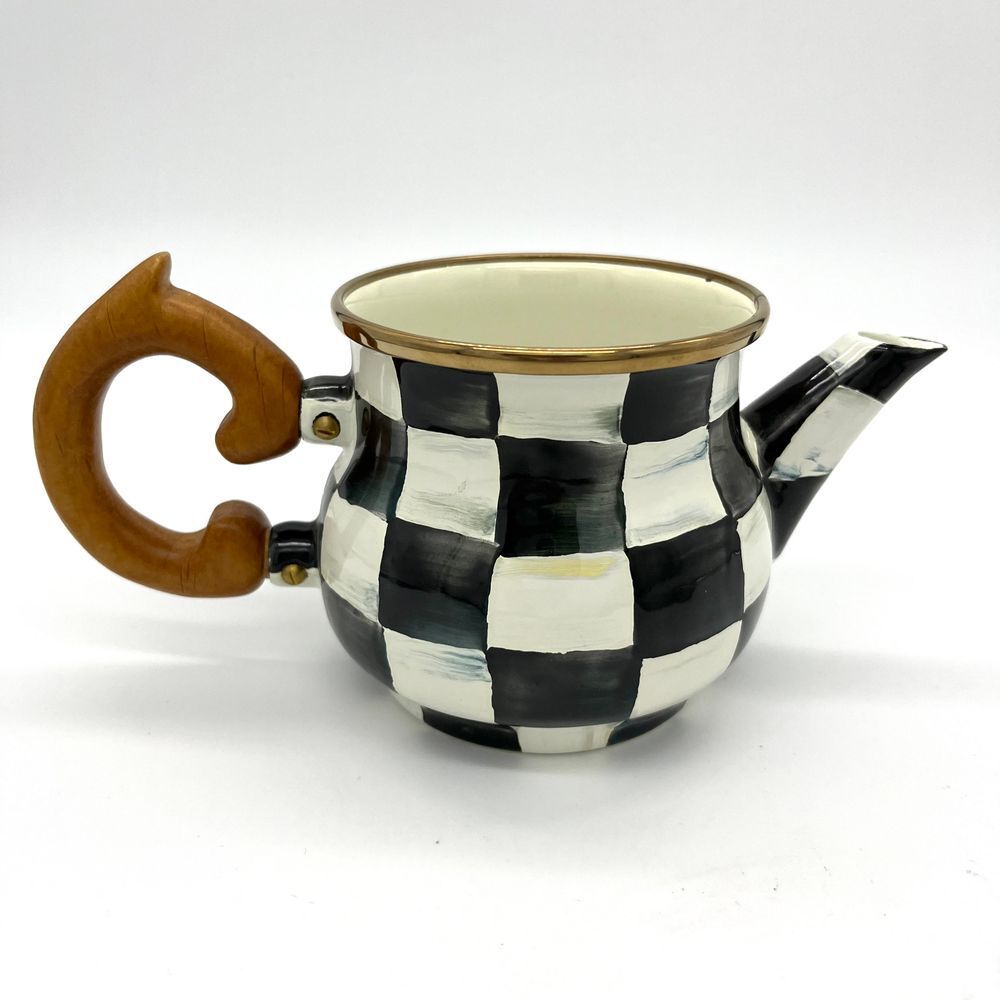 Checkered Black and White Teapot with Wooden Handle